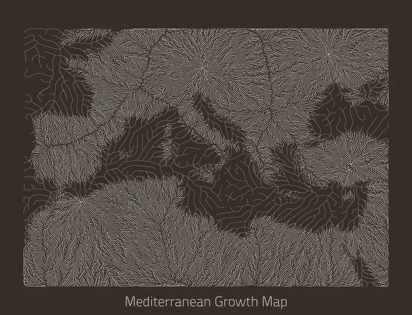 Mapa mediterrânico vetorial. Estrutura de crescimento generativo em forma de continente. Textura orgânica com silhuetas geográficas . — Vetor de Stock