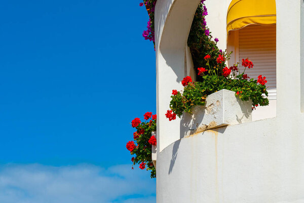 White balcony with red flowers against bright blue sky, Puerto de la Cruz, Tenerife, Spain