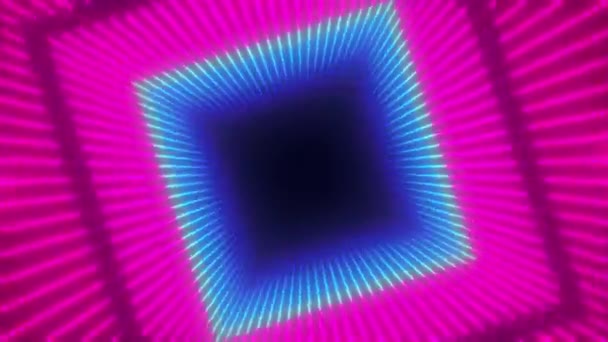 Infinito tunnel rotante colorato di luci al neon brillanti. Le piazze formano settori di tunnel. Astratto cyber animazione colorata. Infinito video retrò disco geometrico. Loopable 4k UHD — Video Stock