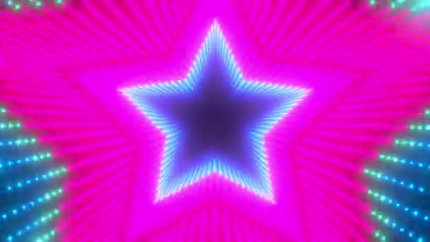 Unendlich bunte, rotierende Tunnel leuchtender Neonlichter. Sterne bilden Tunnelsektoren. Abstrakte Cyber-Animation. Geometrisches unendliches Retro-Disco-Video. Loopable 4k UHD — Stockvideo