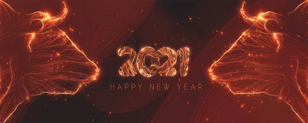 Çin Yeni Yılı 2021 Öküz yılı. Parlak çizgiler ve kıvılcımlarla yapılmış boğa kafaları. 2021 mutlu yıllar mesajı kıvılcım izleriyle yapılmış. Altın sihirli tebrik kartı..