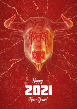 Çin Yeni Yılı 2021 Öküz yılı. Kırmızı zemin üzerinde altın çizgileri ve altın Asyalı ağ damarları olan 3 boyutlu kızıl boğa başı. Yaratıcı hediye veya tebrik kartı.