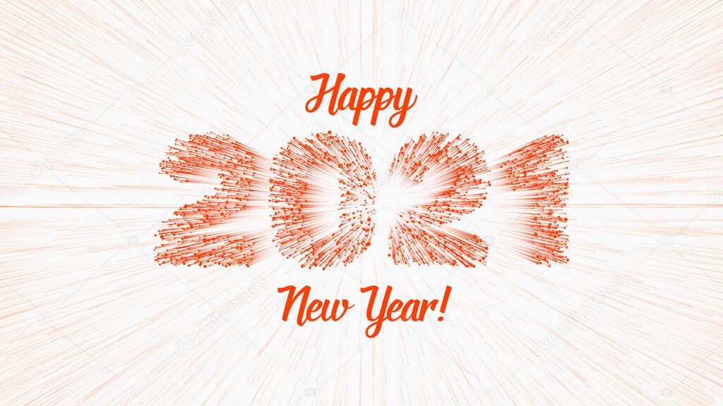 Vector 2021 text constructed with glowing lines and lightspeed burst on background. Bright Happy New Year illustration. Abstract greeting card.