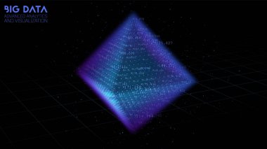 Sekizyüzlü veri bulutu görselleştirmeyi sıralıyor. Üç boyutlu büyük veri bilimsel işleme. Fütürist HUD ya da UI ana bilgisayar ekranı. Teknolojik veri kümeleri analizi. Karmaşık bilgi bağlantıları.