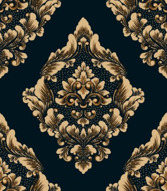 Damask kusursuz desen elementi. Vector klasik lüks, eski moda İspanyol süsü, duvar kağıtları, tekstil, ambalaj için kraliyet Victoria dönemi kusursuz dokusu. Klasik, zarif, çiçekli barok şablonu..