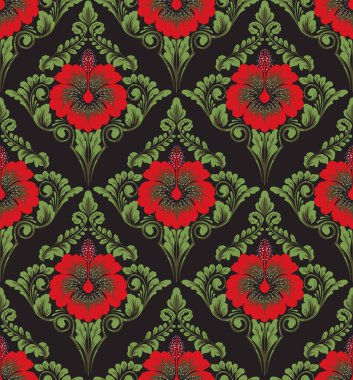 Damask kusursuz desen elementi. Vector klasik lüks, eski moda İspanyol süsü, duvar kağıtları, tekstil, ambalaj için kraliyet Victoria dönemi kusursuz dokusu. Klasik, zarif, çiçekli barok şablonu..