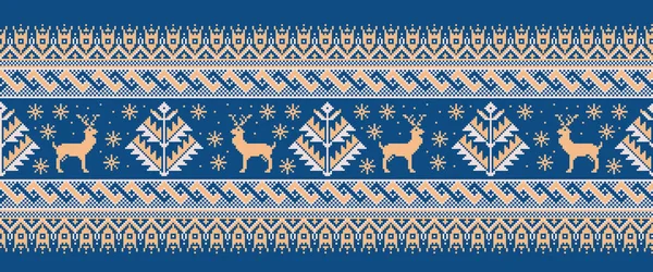 Vector illustratie van folk naadloze patroon ornament. Etnische Nieuwjaar groene ornament met pijnbomen en herten. Cool etnisch border element voor uw ontwerpen. — Stockvector