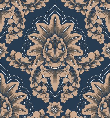 Damask kusursuz desen elementi. Vector klasik lüks, eski moda İspanyol süsü, duvar kağıtları, tekstil, ambalaj için kraliyet Victoria dönemi kusursuz dokusu. Klasik, zarif, çiçekli barok şablonu..