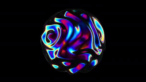 3D Abstrakte irisierende wellenförmige Kugel Animation Schleife. Lebhafte Flüssigkeitsreflexion verzerrte Ball. Neon holographische Flüssigkeitsverzerrung Kugel. Trendige glatte Oberflächenstörung. — Stockvideo