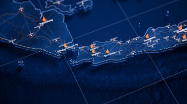 Bogor haritası büyük veri görselleştirme. Endonezya 'daki şehrin gelecekteki haritası. Modern mavi ve turuncu renklerde görsel harita veri karmaşıklığı.