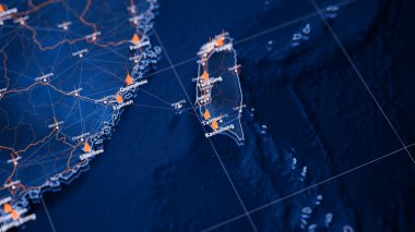 Tainan haritası büyük veri görselleştirme. Tayvan 'daki şehrin gelecekteki haritası. Modern mavi ve turuncu renklerde görsel harita veri karmaşıklığı.