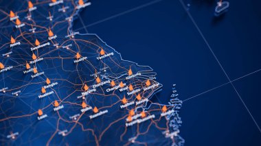 Nantong haritası büyük veri görselleştirmesi. Çin 'deki şehrin gelecekteki haritası. Modern mavi ve turuncu renklerde görsel harita veri karmaşıklığı.