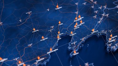 Jinzhou haritası büyük veri görselleştirmesi. Çin 'deki şehrin gelecekteki haritası. Modern mavi ve turuncu renklerde görsel harita veri karmaşıklığı.