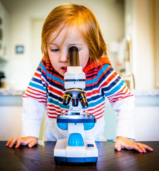 Young Boy Learns About Science and the Environment While Using a Microscope at Home. Curiosity concept. Learning concept. Science concept. Education concept.