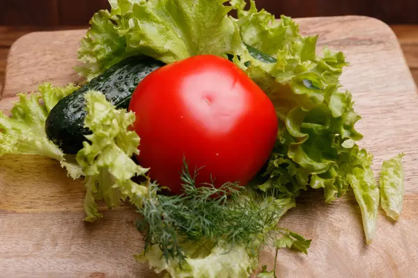 Tomate, pepino, lechuga y eneldo — Foto de Stock