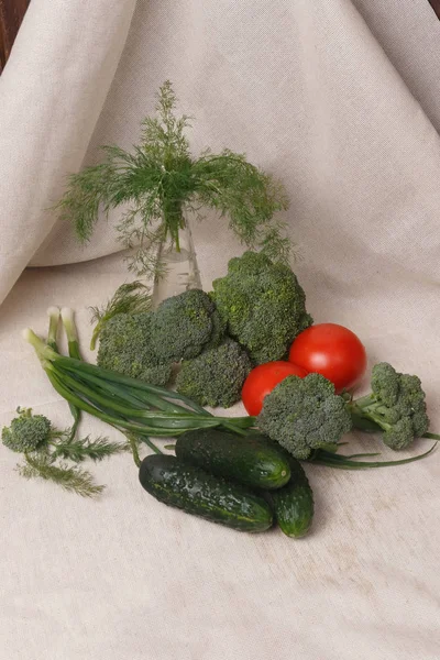 Bawang hijau, mentimun, tomat, brokoli dan dill pada kain — Stok Foto