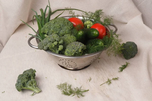 Bawang hijau, brokoli, dill, tomat dan mentimun dalam besi — Stok Foto