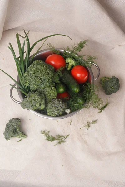 Bawang hijau, brokoli, dill, tomat dan mentimun dalam besi — Stok Foto