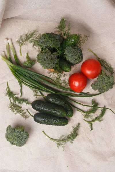 Groene uien, komkommers, tomaten, broccoli en dille op een weefsel — Stockfoto