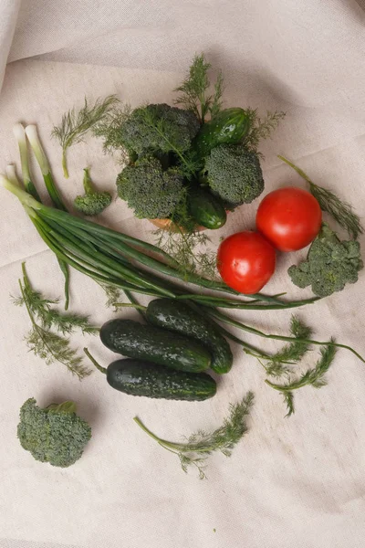 Cipolle verdi, cetrioli, pomodori, broccoli e aneto su un tessuto — Foto Stock