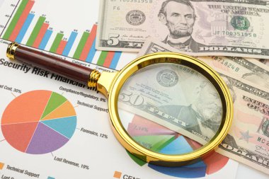 Dolar ve finansal tablolarla dolu bir banknotun üzerinde el ele tutulan büyüteç. Yakın plan. Mali konsept