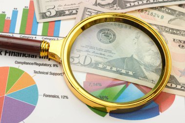 Dolar ve finansal tablolarla dolu bir banknotun üzerinde el ele tutulan büyüteç. Yakın plan. Mali konsept