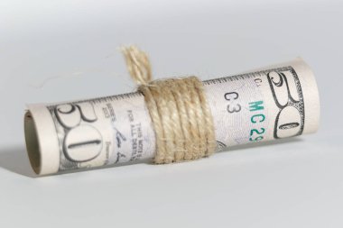 Dolarlar beyaz arka planda izole edilmiş bir rulo haline getiriliyor. Yakın plan.