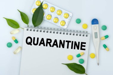 Masanın üzerinde haplar, bir termometre, yapraklar ve üzerinde QuaranTINE yazan bir defter var. Tıp konsepti.
