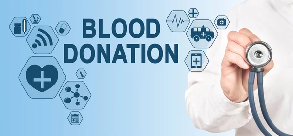 Día Donación Sangre Concepto Médico Pantalla Virtual Doctor Con Estetoscopio — Foto de Stock
