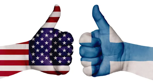 Nemzetek Közötti Kapcsolatok Megerősítésének Koncepciója Két Kézzel Festett Zászlók Különböző — Stock Fotó