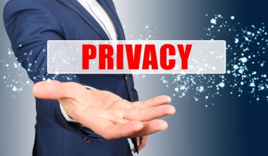 Finans ve iş konsepti. Bir iş adamı avucunu kaldırır, avucunun üstünde bir yazı yazar: