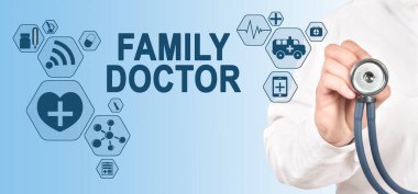 Arayüz Dokunmatik Ekranda Aile Doktoru Konsepti. Steteskoplu doktor..