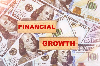 İş konsepti. Dolar banknotlarının arka planında, yazı tahtadan bloklar üzerine yazılmış - finansal büyüme