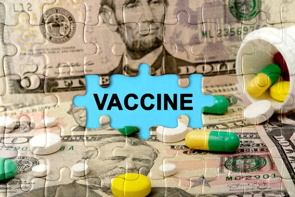 Doble Exposición Rompecabezas Que Representan Píldoras Dólares Con Inscripción Vacina — Foto de Stock