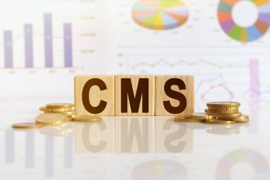 İçerik yönetim sistemi. CMS kelime ahşap küpler, küpler yansıtıcı bir yüzey üzerinde durur, arka planda bir iş diyagramı vardır. İş ve finans kavramı