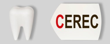Tıbbi, dişçi konsepti. Diş hastalıklarının önlenmesi. Diş plakasının yanındaki plastik model, CEREC.