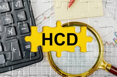 İş konsepti. Merkez yazıtında bir hesap makinesi, büyüteç ve mali belgelerle bulmaca - HCD