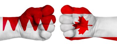 İnsanların mücadelesi kavramı. İki el birbirine kenetlenir ve birbirlerinin karşısındadır. Ülkelerin bayraklarının renklerine boyanmış eller. Kanada Bahreyn 'e Karşı