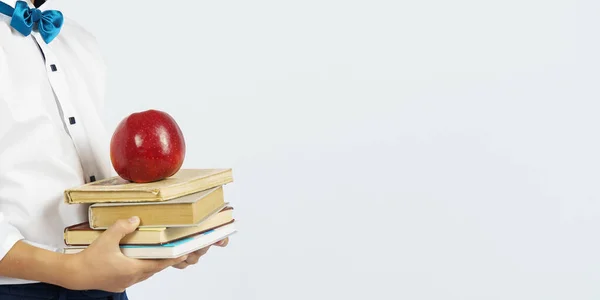 手に本やリンゴを持っている人形 隔離された背景 教育理念 — ストック写真