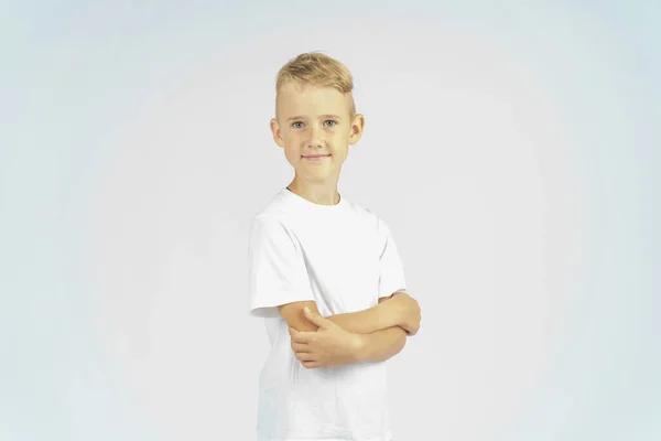 Portrait Schoolboy Looking Camera Isolated Background Education Concept — Stock Photo, Image