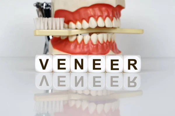 Medyczny Dentystyczny Pomysł Tekst Jest Napisany Kostkach Veneer Tle Model — Zdjęcie stockowe