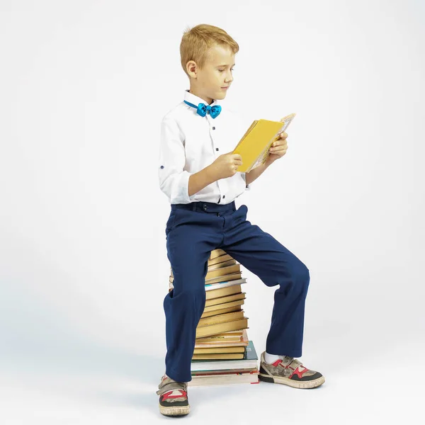 少年は本に座って本を読んでいる 孤立した背景 教育理念 — ストック写真