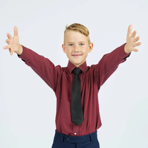 Retrato Escolar Con Los Brazos Abiertos Que Sonríe Concepto Educativo — Foto de Stock