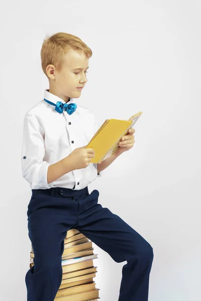 少年は本に座って本を読んでいる 孤立した背景 教育理念 — ストック写真