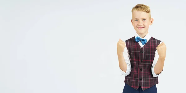 Portrait Schoolboy Who Clenches His Hands Fist Affirmatively Making Gesture — Stock Photo, Image