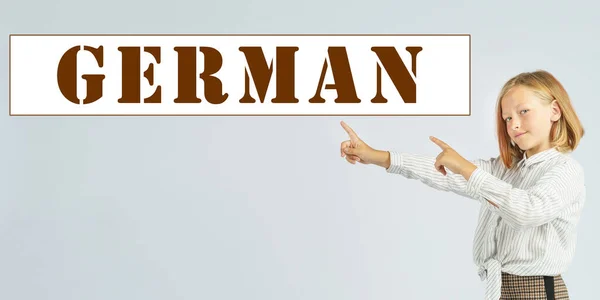 Education Concept Teenage Girl Pointing Her Fingers Text German — Stock Photo, Image