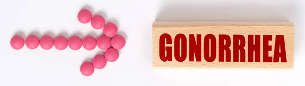 Koncepcja Medyczna Strzała Pigułek Wskazuje Znak Który Mówi Gonorrhea — Zdjęcie stockowe