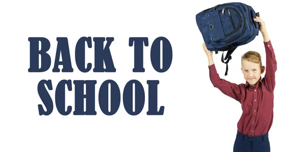 Education Concept Schoolboy Holds School Bag His Head Text Written — Stock Photo, Image
