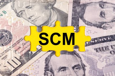 İş konsepti. Yazının ortasındaki doların görüntüsüyle bulmaca - SCM