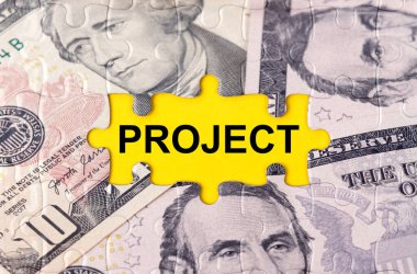 İş konsepti. Yazı merkezindeki doların görüntüsüyle bulmaca - PROJECT